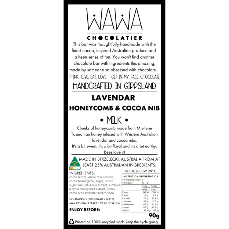WAWA Chocolatier - Lavendar, Honeycomb, and Cocoa Nib (Milk)